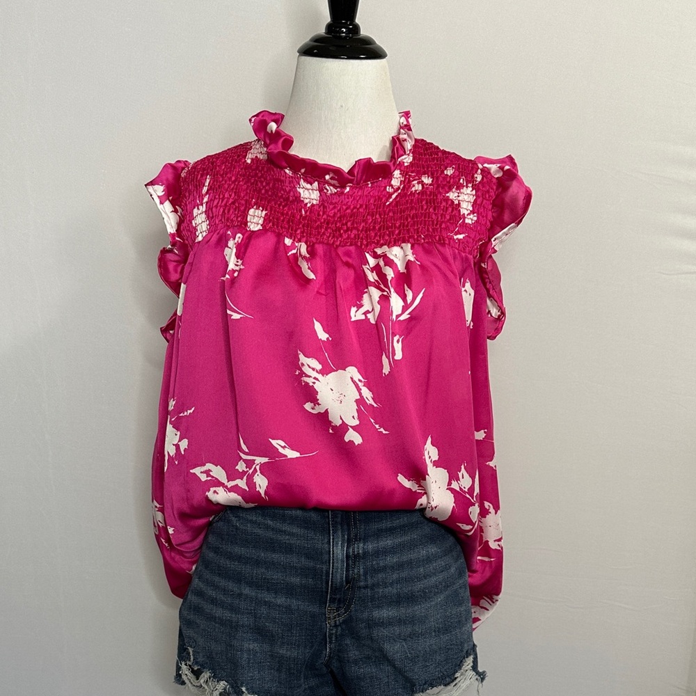BUCKETLIST Fuchsia & White Floral Smocked Ruffle Shell